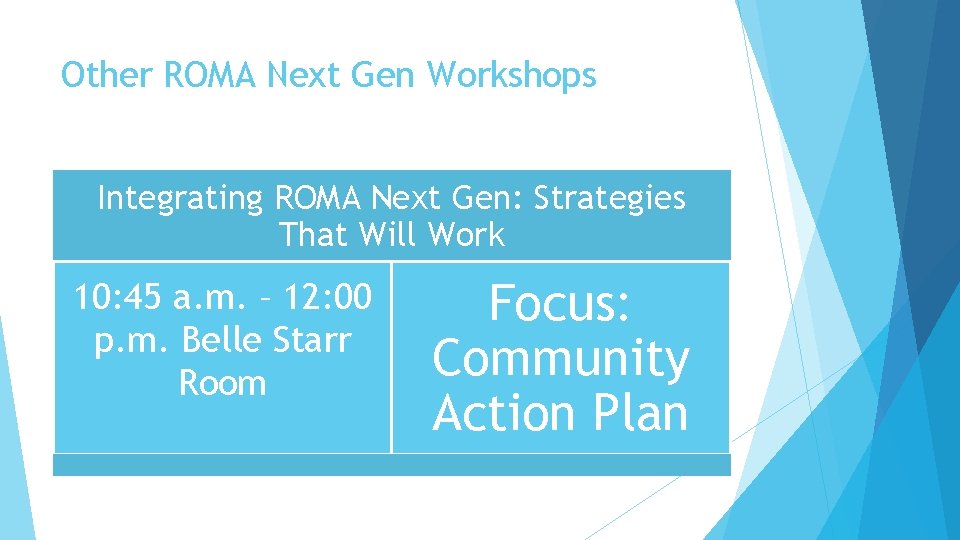 Other ROMA Next Gen Workshops Integrating ROMA Next Gen: Strategies That Will Work 10: Other ROMA Next Gen Workshops Integrating ROMA Next Gen: Strategies That Will Work 10: