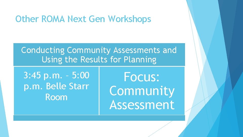 Other ROMA Next Gen Workshops Conducting Community Assessments and Using the Results for Planning Other ROMA Next Gen Workshops Conducting Community Assessments and Using the Results for Planning