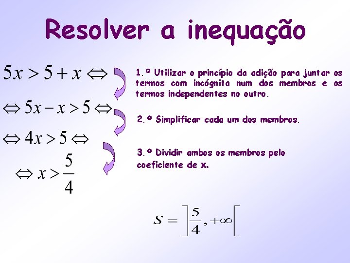 Resolver a inequação 1. º Utilizar o princípio da adição para juntar os termos