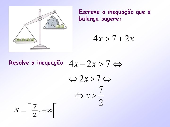Escreve a inequação que a balança sugere: Resolve a inequação 