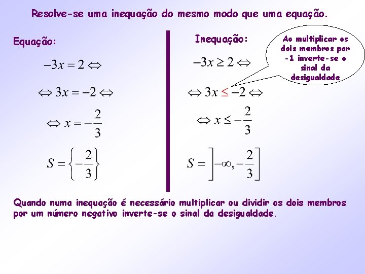 Resolve-se uma inequação do mesmo modo que uma equação. Equação: Inequação: Ao multiplicar os