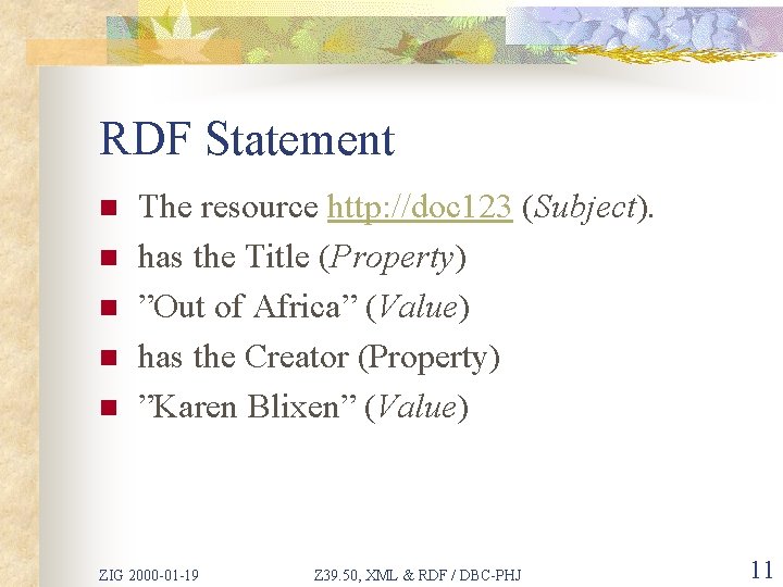 RDF Statement n n n The resource http: //doc 123 (Subject). has the Title