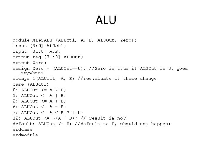 ALU module MIPSALU (ALUctl, A, B, ALUOut, Zero); input [3: 0] ALUctl; input [31: