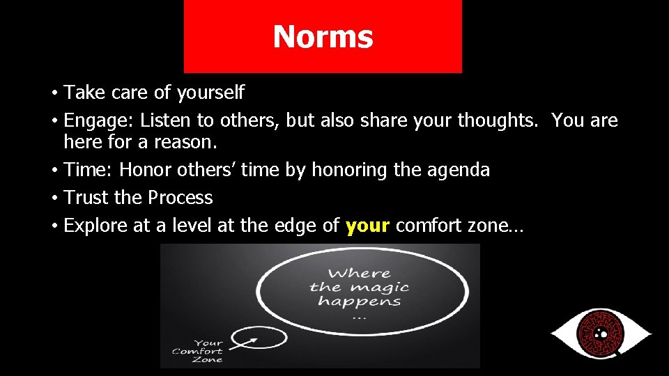 Norms • Take care of yourself • Engage: Listen to others, but also share