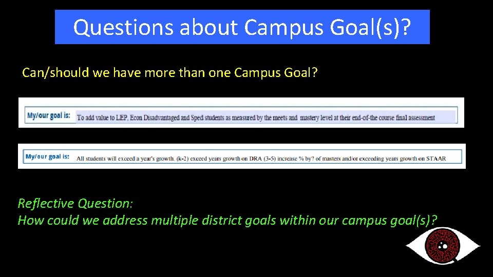 Questions about Campus Goal(s)? Can/should we have more than one Campus Goal? Reflective Question: