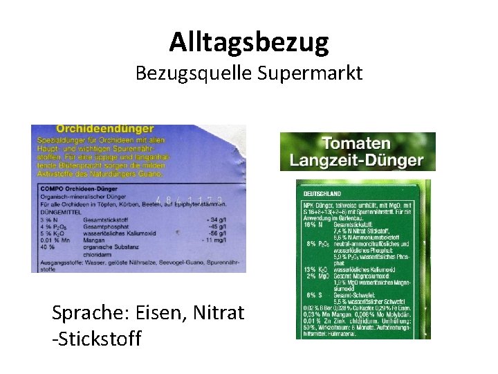 Alltagsbezug Bezugsquelle Supermarkt Sprache: Eisen, Nitrat -Stickstoff 