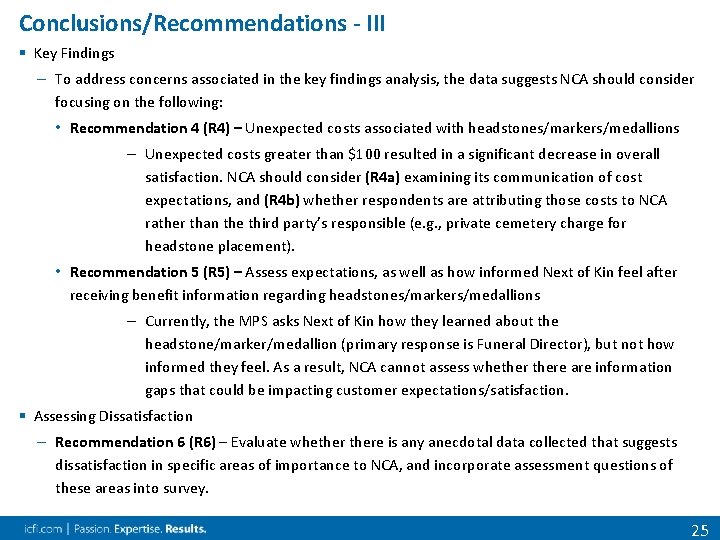 Conclusions/Recommendations - III § Key Findings – To address concerns associated in the key