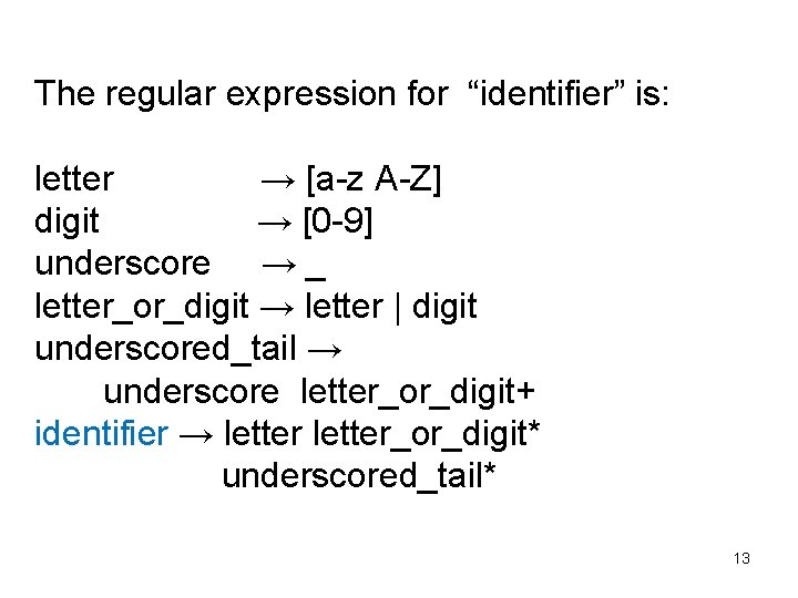 The regular expression for “identifier” is: letter → [a-z A-Z] digit → [0 -9]