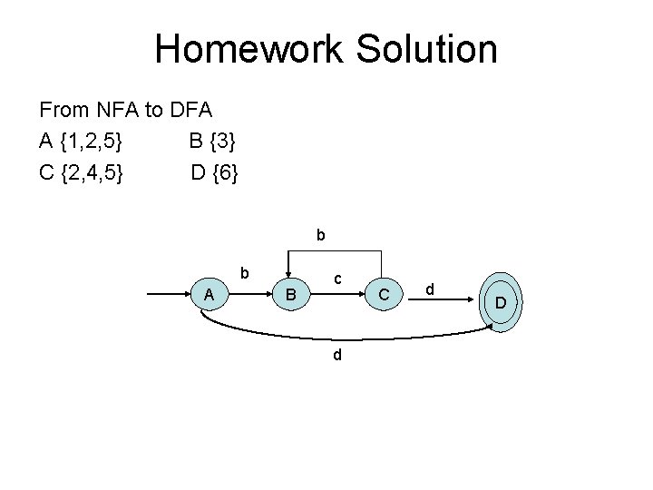 Homework Solution From NFA to DFA A {1, 2, 5} B {3} C {2,