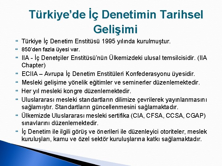 Türkiye’de İç Denetimin Tarihsel Gelişimi Türkiye İç Denetim Enstitüsü 1995 yılında kurulmuştur. 850’den fazla