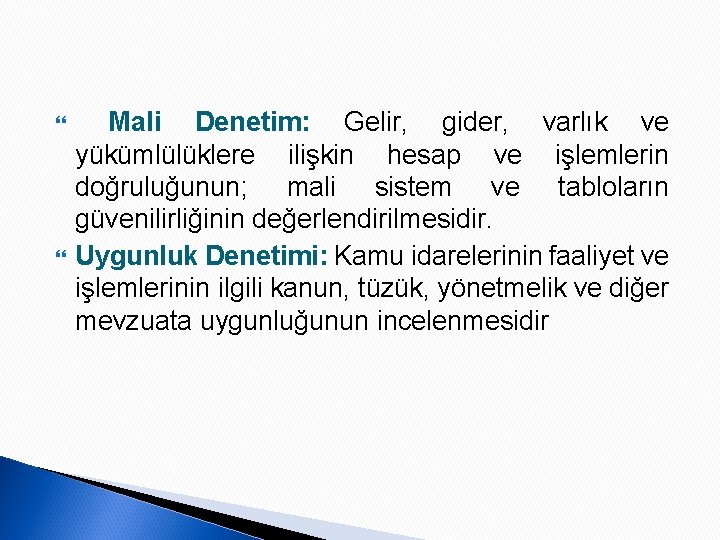  Mali Denetim: Gelir, gider, varlık ve yükümlülüklere ilişkin hesap ve işlemlerin doğruluğunun; mali