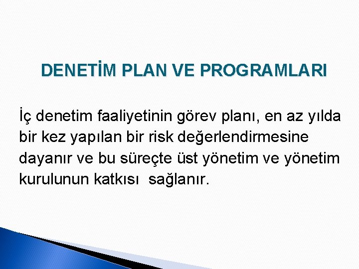 DENETİM PLAN VE PROGRAMLARI İç denetim faaliyetinin görev planı, en az yılda bir kez