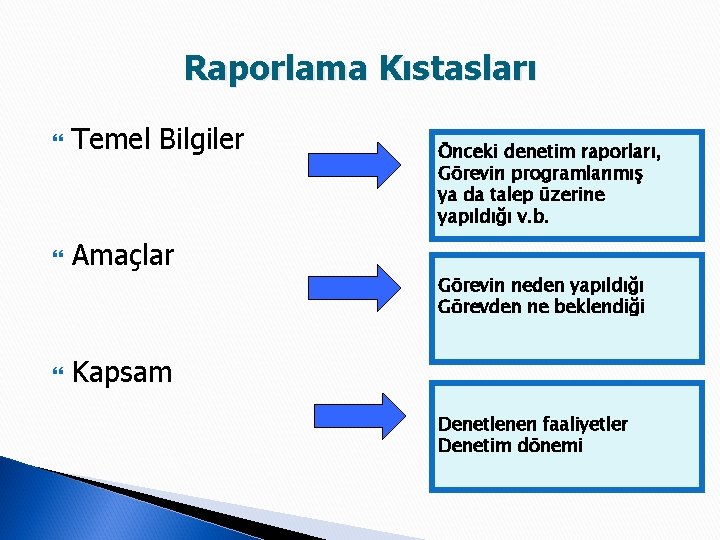 Raporlama Kıstasları Temel Bilgiler Amaçlar Önceki denetim raporları, Görevin programlanmış ya da talep üzerine