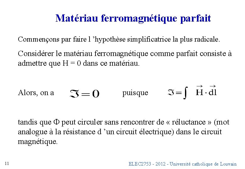 Matériau ferromagnétique parfait Commençons par faire l ’hypothèse simplificatrice la plus radicale. Considérer le Matériau ferromagnétique parfait Commençons par faire l ’hypothèse simplificatrice la plus radicale. Considérer le