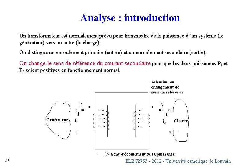 Analyse : introduction Un transformateur est normalement prévu pour transmettre de la puissance d Analyse : introduction Un transformateur est normalement prévu pour transmettre de la puissance d
