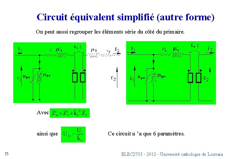 Circuit équivalent simplifié (autre forme) On peut aussi regrouper les éléments série du côté Circuit équivalent simplifié (autre forme) On peut aussi regrouper les éléments série du côté
