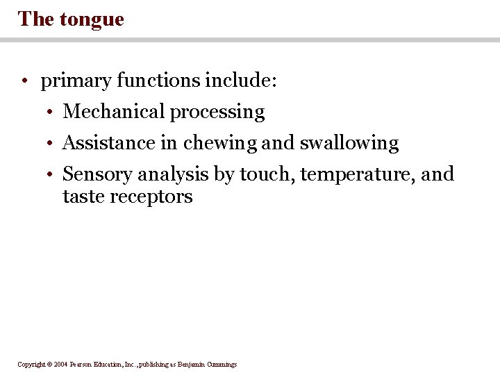 The tongue • primary functions include: • Mechanical processing • Assistance in chewing and