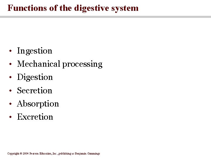 Functions of the digestive system • Ingestion • Mechanical processing • Digestion • Secretion