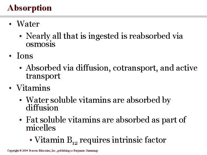 Absorption • Water • Nearly all that is ingested is reabsorbed via osmosis •