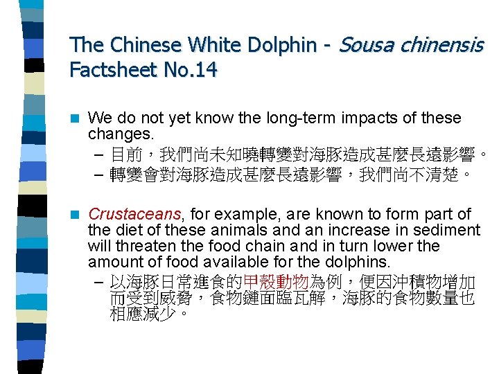 The Chinese White Dolphin - Sousa chinensis Factsheet No. 14 n We do not