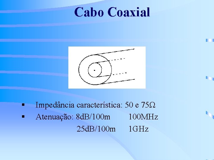 Cabo Coaxial § § Impedância característica: 50 e 75Ω Atenuação: 8 d. B/100 m