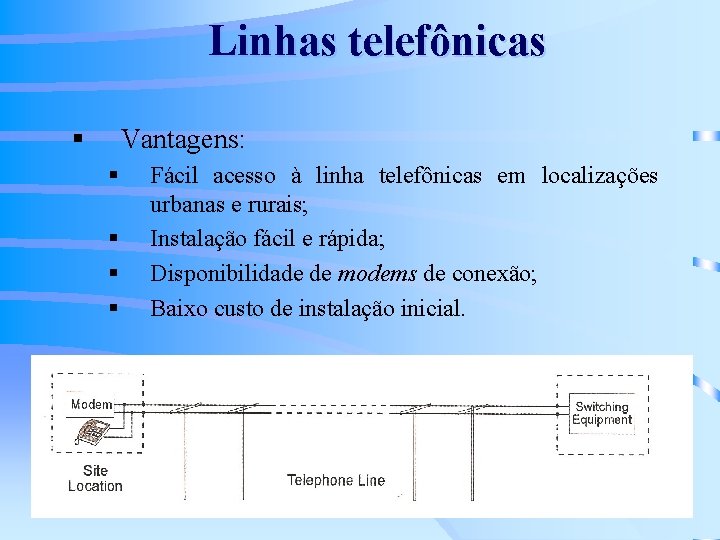 Linhas telefônicas § Vantagens: § § Fácil acesso à linha telefônicas em localizações urbanas