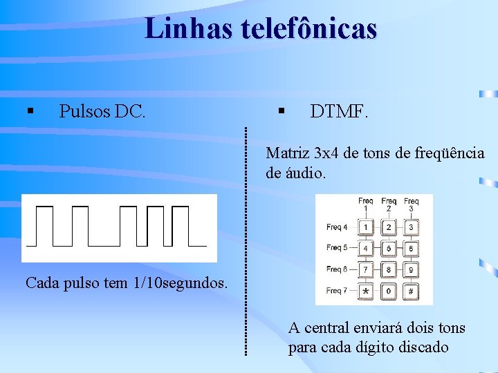 Linhas telefônicas § Pulsos DC. § DTMF. Matriz 3 x 4 de tons de