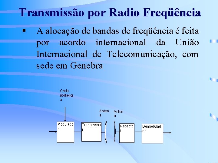 Transmissão por Radio Freqüência § A alocação de bandas de freqüência é feita por