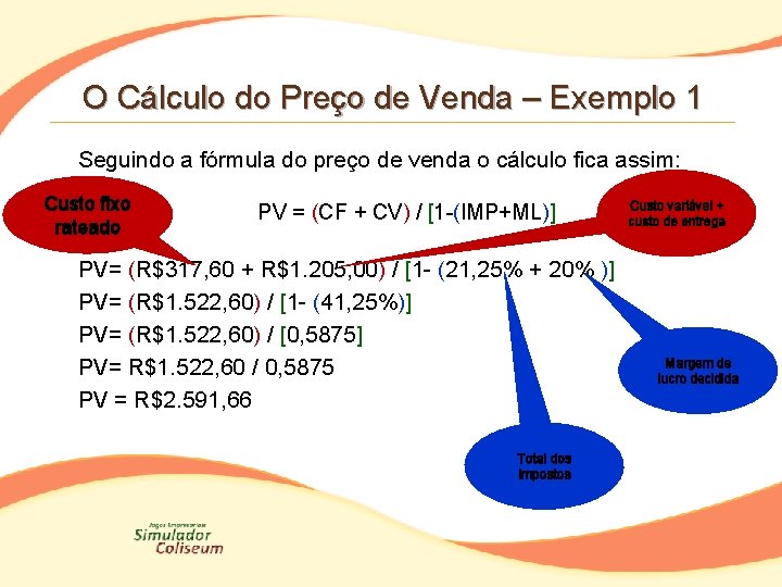 O Cálculo do Preço de Venda – Exemplo 1 Seguindo a fórmula do preço