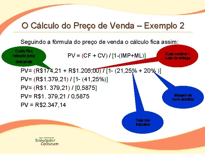 O Cálculo do Preço de Venda – Exemplo 2 Seguindo a fórmula do preço