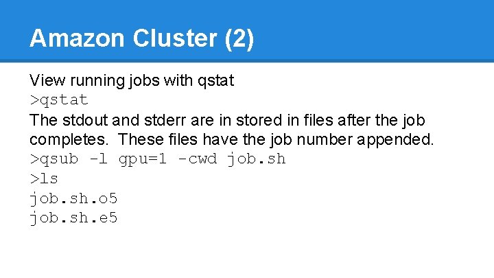 Amazon Cluster (2) View running jobs with qstat >qstat The stdout and stderr are