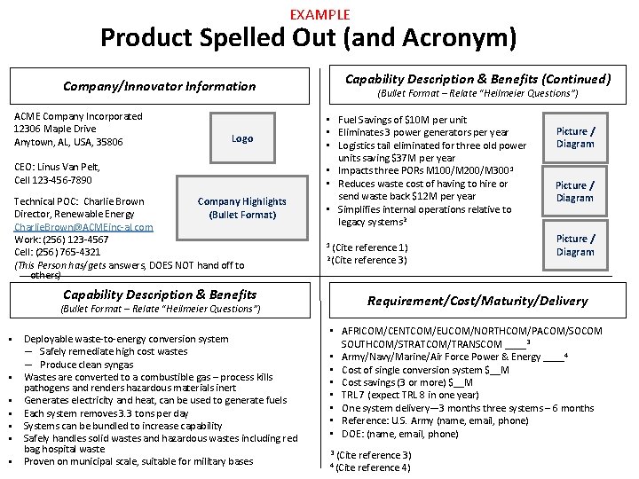 EXAMPLE Product Spelled Out (and Acronym) Capability Description & Benefits (Continued) Company/Innovator Information ACME