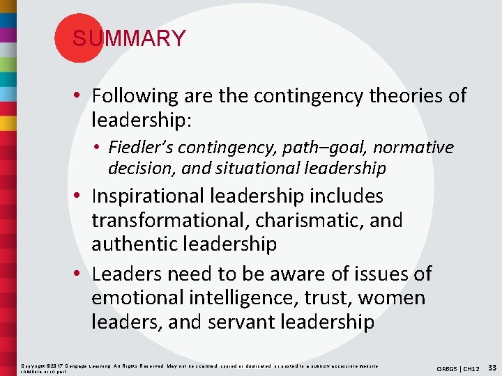 SUMMARY • Following are the contingency theories of leadership: • Fiedler’s contingency, path–goal, normative