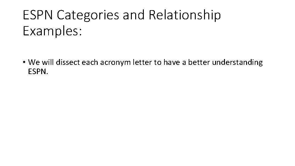 ESPN Categories and Relationship Examples: • We will dissect each acronym letter to have ESPN Categories and Relationship Examples: • We will dissect each acronym letter to have
