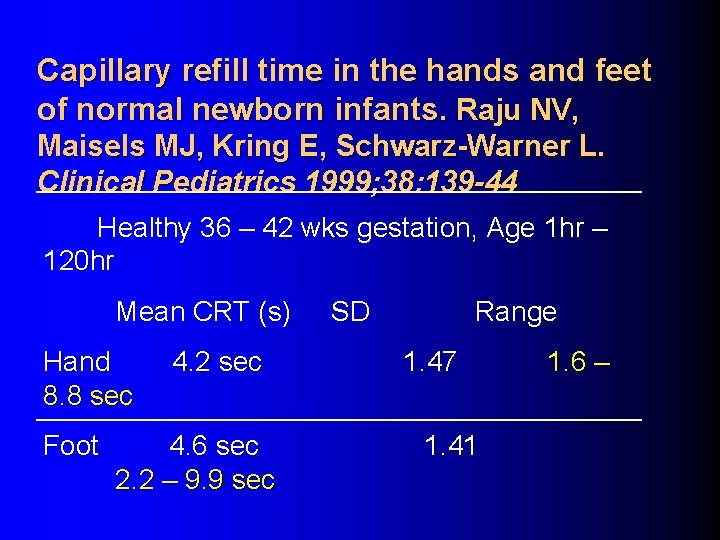 Capillary refill time in the hands and feet of normal newborn infants. Raju NV,
