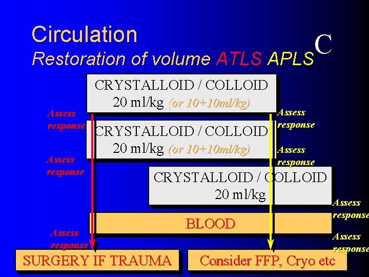 Circulation C Restoration of volume ATLS APLS Assess response CRYSTALLOID / COLLOID 20 ml/kg