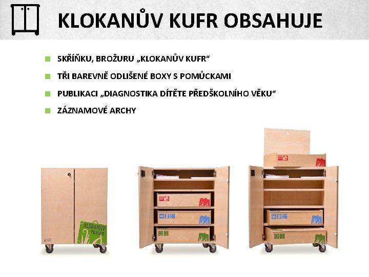 KLOKANŮV KUFR OBSAHUJE < SKŘÍŇKU, BROŽURU „KLOKANŮV KUFR“ < TŘI BAREVNĚ ODLIŠENÉ BOXY S