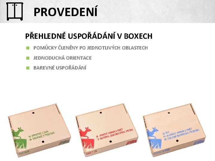 PROVEDENÍ PŘEHLEDNÉ USPOŘÁDÁNÍ V BOXECH < POMŮCKY ČLENĚNY PO JEDNOTLIVÝCH OBLASTECH < JEDNODUCHÁ ORIENTACE