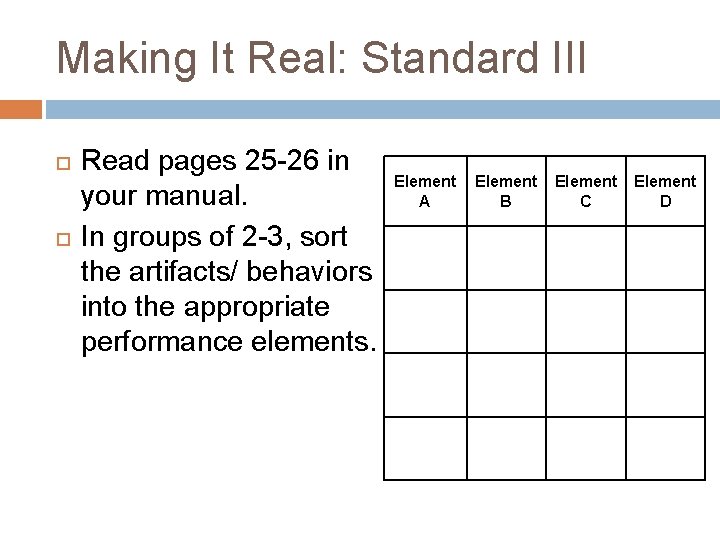 Making It Real: Standard III Read pages 25 -26 in your manual. In groups Making It Real: Standard III Read pages 25 -26 in your manual. In groups