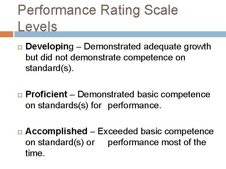 Performance Rating Scale Levels Developing – Demonstrated adequate growth but did not demonstrate competence Performance Rating Scale Levels Developing – Demonstrated adequate growth but did not demonstrate competence