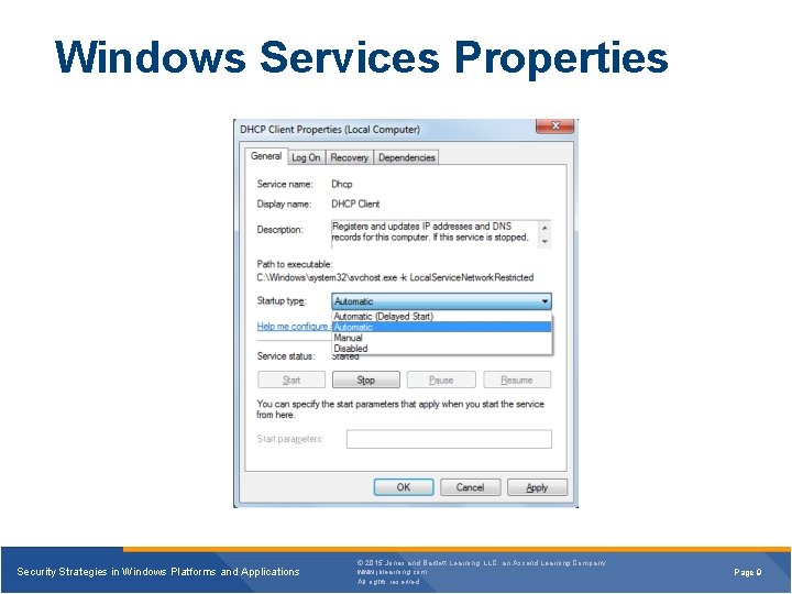Windows Services Properties Security Strategies in Windows Platforms and Applications © 2015 Jones and