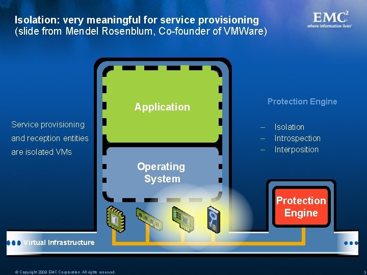 Isolation: very meaningful for service provisioning (slide from Mendel Rosenblum, Co-founder of VMWare) Protection Isolation: very meaningful for service provisioning (slide from Mendel Rosenblum, Co-founder of VMWare) Protection