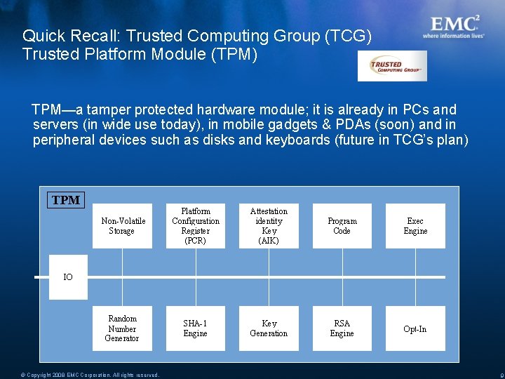 Quick Recall: Trusted Computing Group (TCG) Trusted Platform Module (TPM) TPM—a tamper protected hardware Quick Recall: Trusted Computing Group (TCG) Trusted Platform Module (TPM) TPM—a tamper protected hardware