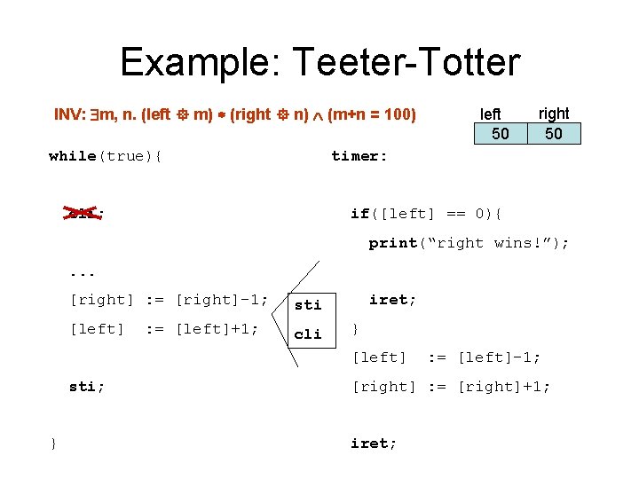 Example: Teeter-Totter INV: m, n. (left m) (right n) (m+n = 100) while(true){ }