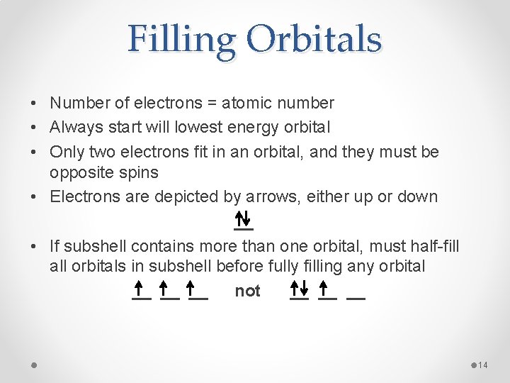 Filling Orbitals • Number of electrons = atomic number • Always start will lowest