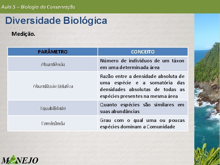 Aula 5 – Biologia da Conservação Diversidade Biológica Medição. PAR METRO CONCEITO Abundância Número