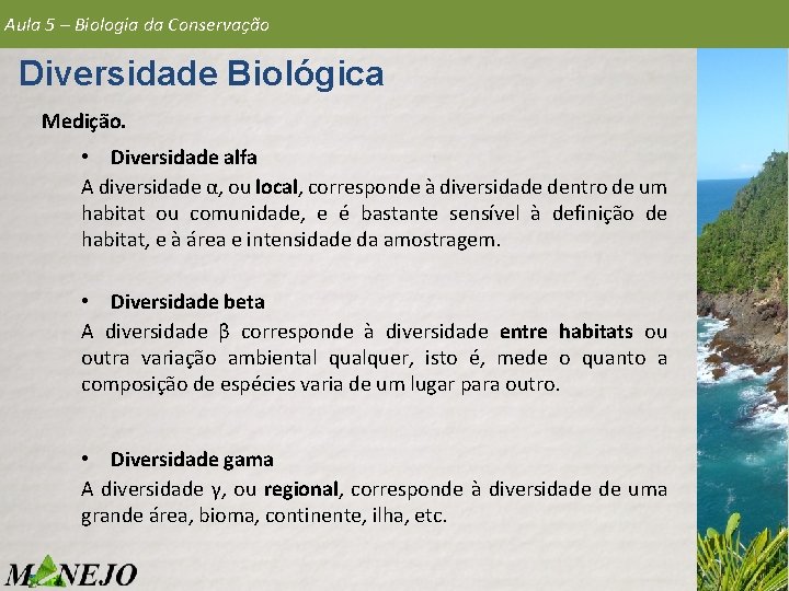 Aula 5 – Biologia da Conservação Diversidade Biológica Medição. • Diversidade alfa A diversidade