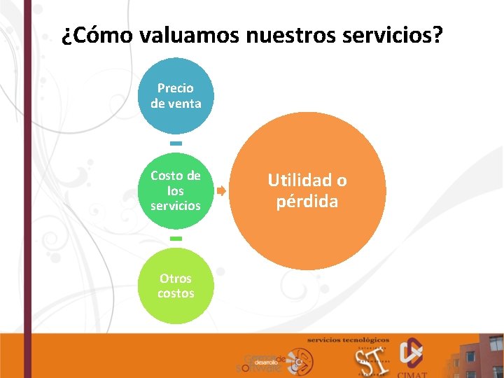 ¿Cómo valuamos nuestros servicios? Precio de venta Costo de los servicios Otros costos Utilidad