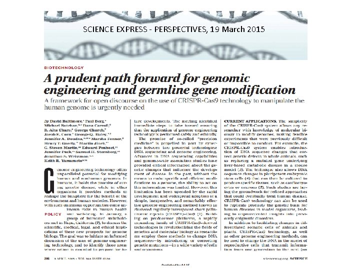 SCIENCE EXPRESS - PERSPECTIVES, 19 March 2015 
