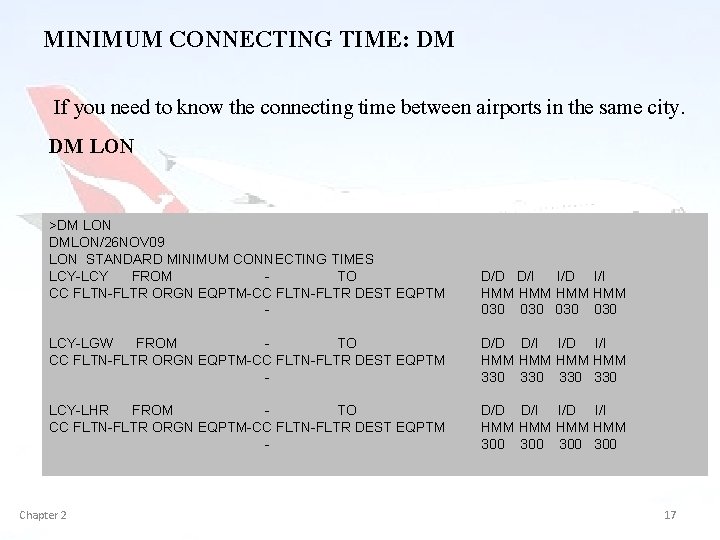 MINIMUM CONNECTING TIME: DM If you need to know the connecting time between airports